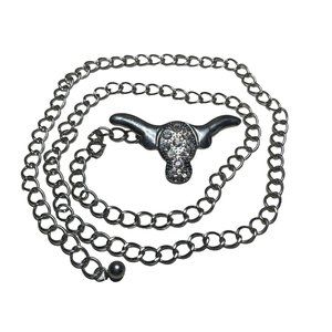 Women’s Western Belt Silver Metal Chain Link Fashion Longhorn Bull Charm M/L